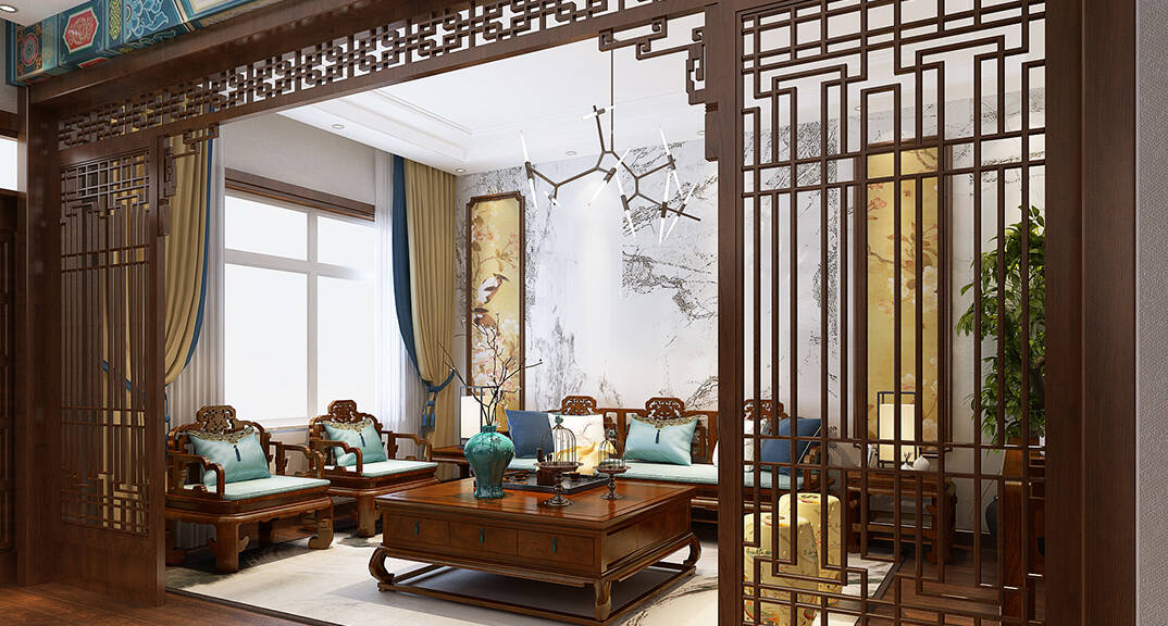 天成小区280㎡别墅茶室新中式风格装修案例效果图