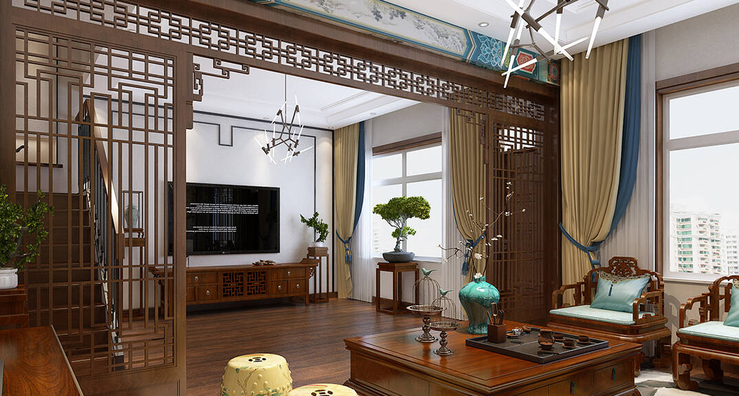 天成小区280㎡别墅客厅茶室新中式风格装修效果图