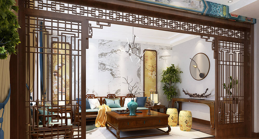 天成小区280㎡别墅茶室新中式风格装修案例效果图