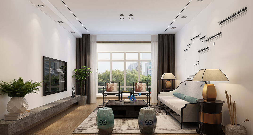 丽都国际310㎡别墅客厅新中式风格装修案例效果图