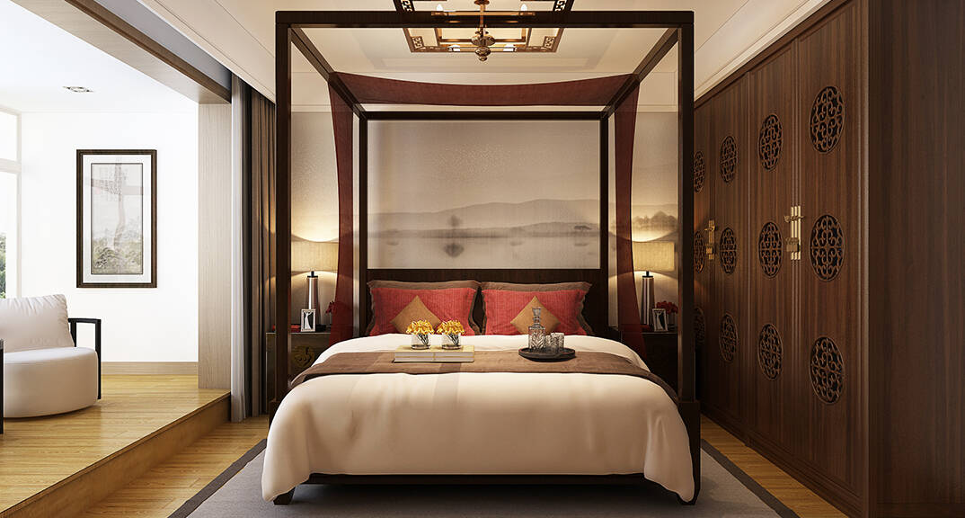 丽都国际310㎡别墅卧室新中式风格装修案例效果图