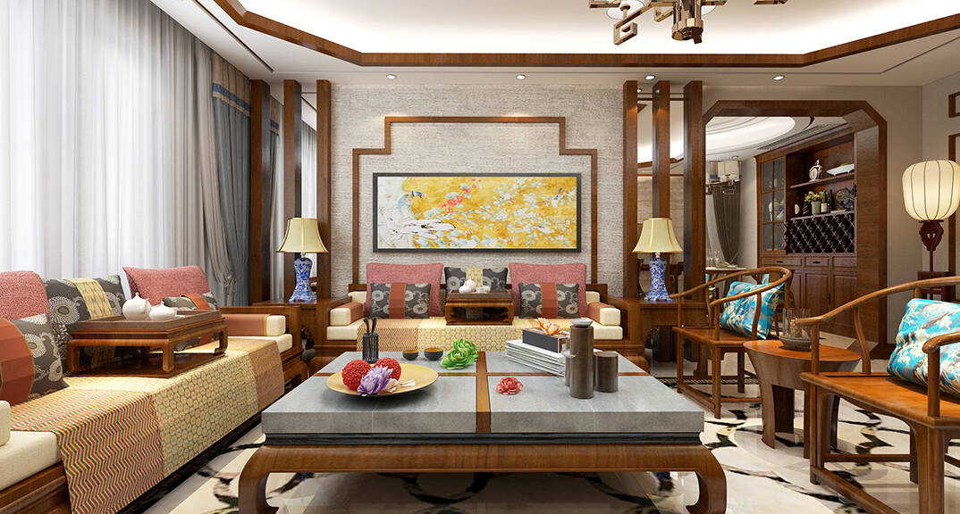 海怡半山216㎡三室二厅三卫客厅新中式风格装修案例效果图