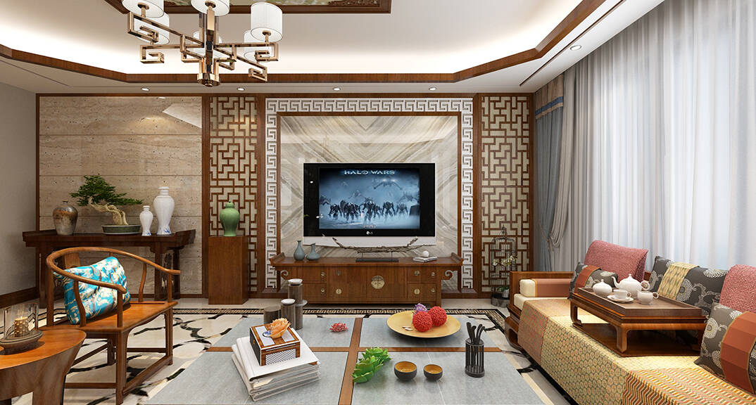 海怡半山216㎡三室二厅三卫客厅电视新中式风格装修案例效果图