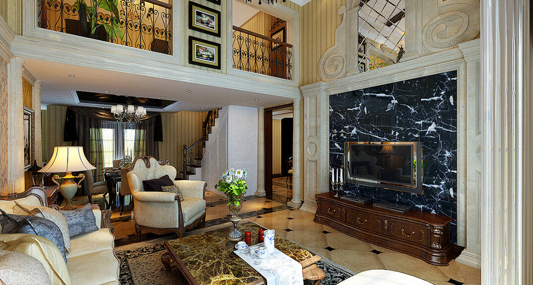 中冶圣乔维斯268㎡别墅客厅美式风格装修案例效果