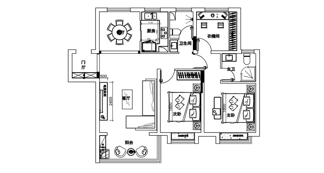 胶州机场公寓118㎡二室一厅简约风格装修案例设计图