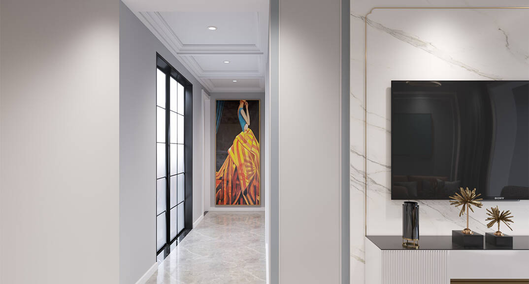 胶州机场公寓93㎡二室一厅过道走廊轻奢风格装修案例效果图