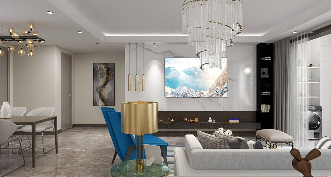 胶州机场公寓165㎡三室一厅客厅美式风格装修案例效果图