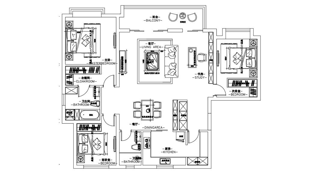 胶州机场公寓165㎡三室一厅美式风格装户型设计图