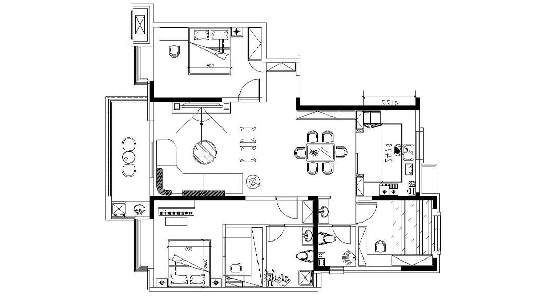 胶州机场公寓138㎡二室一厅轻奢风格装修户型设计图