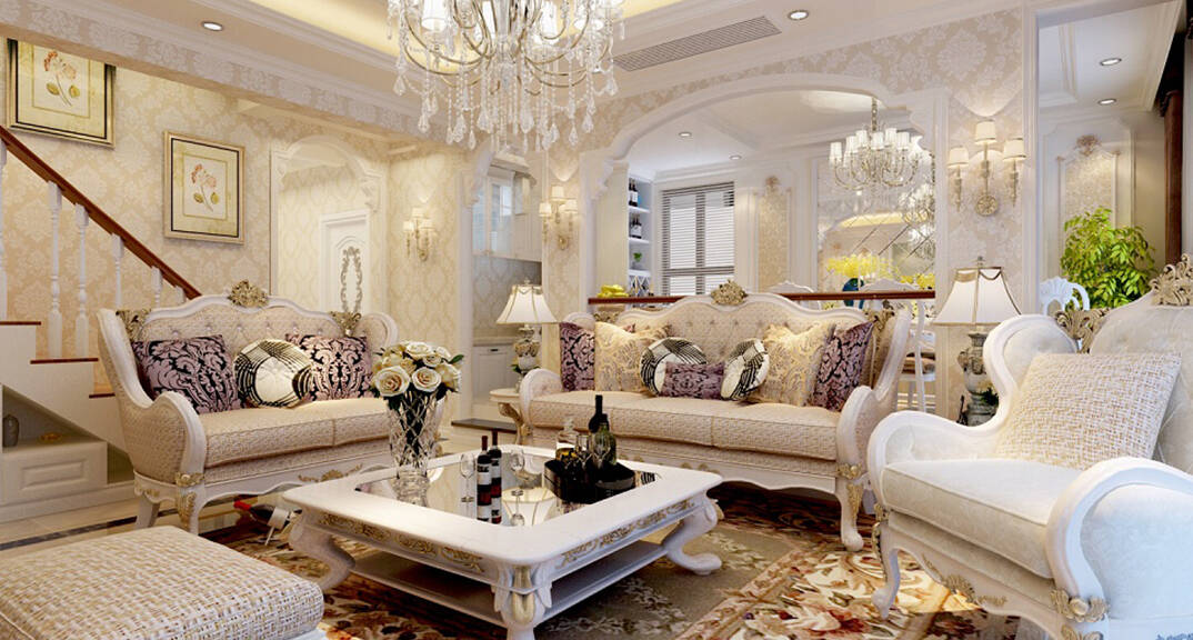 中海临安府160m²别墅上叠一层客厅沙发法式风格装修案例效果图