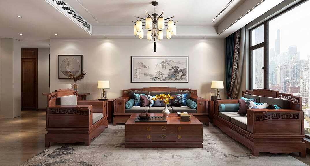 绿城·海棠印月131㎡三室一厅客厅沙发新中式风格装修案例效果图