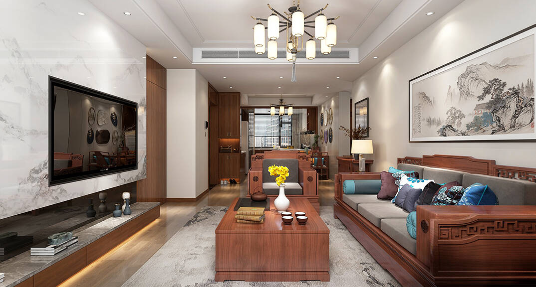 绿城·海棠印月131㎡三室一厅客厅新中式风格装修案例效果图