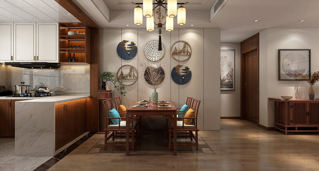 绿城·海棠印月131㎡三室一厅餐厅厨房新中式风格装修效果图