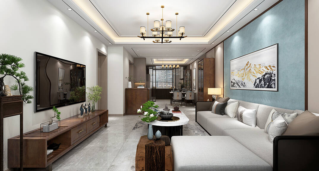 海棠印月131㎡三室一厅客厅新中式轻奢风格装修案例效果图