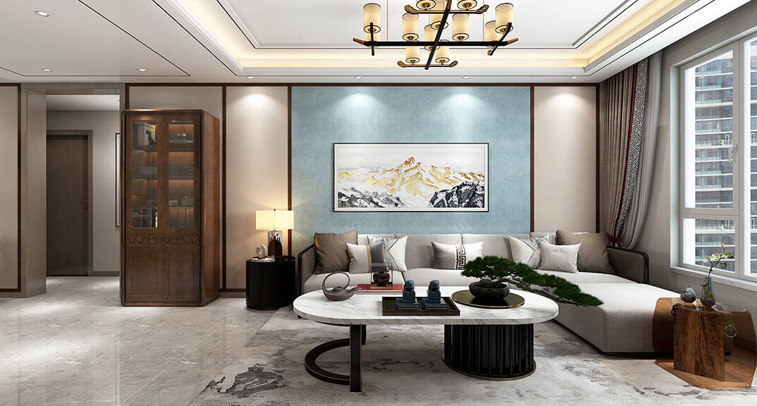 海棠印月131㎡三室一厅客厅沙发新中式轻奢风格装修案例效果图