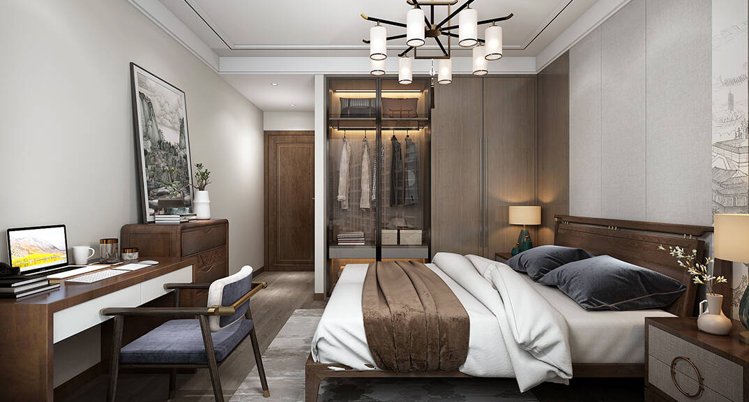 海棠印月131㎡三室一厅次卧新中式轻奢风格装修案例效果图