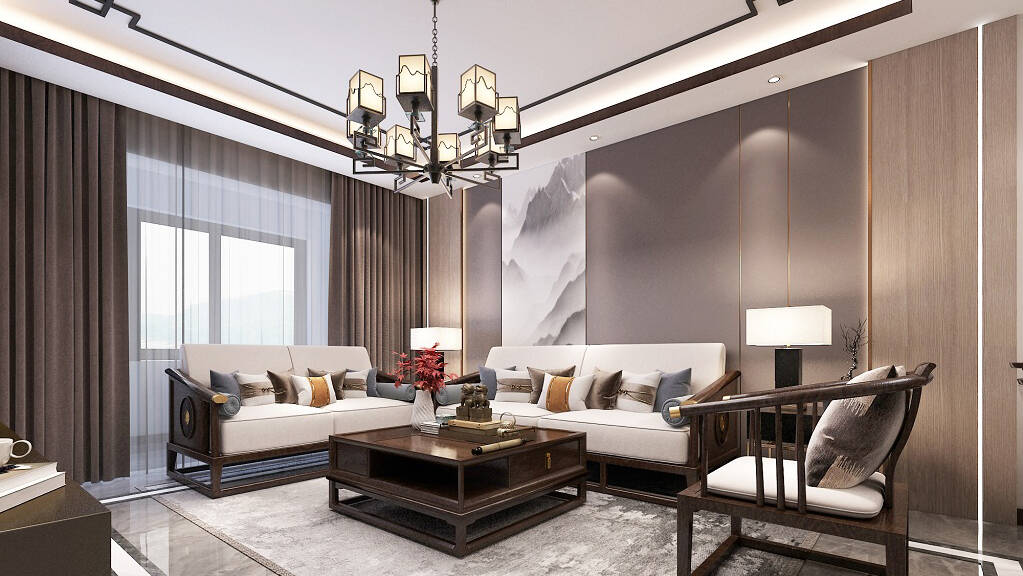 依山伴城127㎡三室两厅客厅沙发新中式风格装修案例效果图