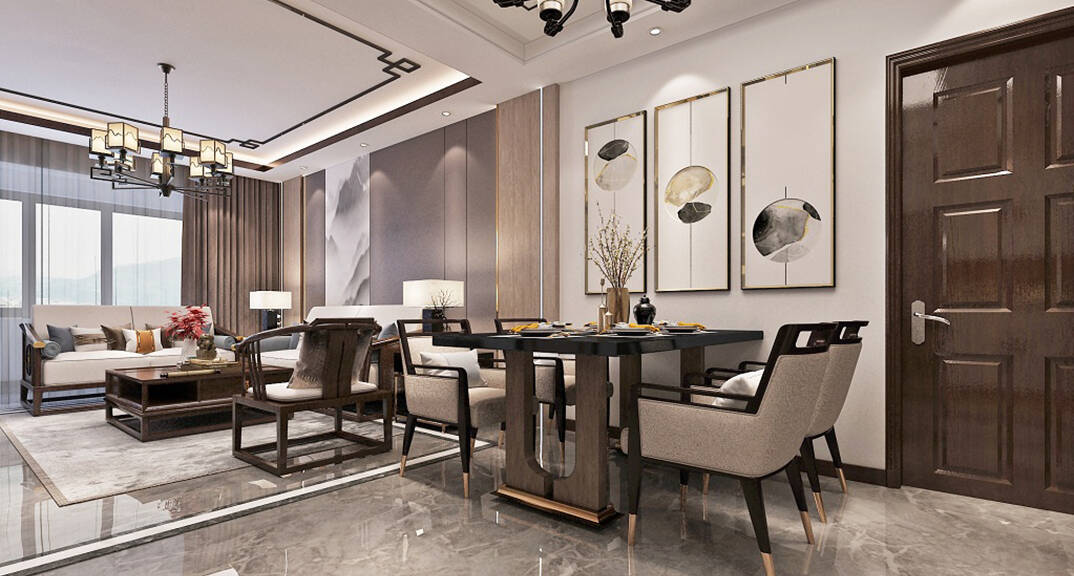 依山伴城127㎡三室两厅餐厅新中式风格装修案例效果图
