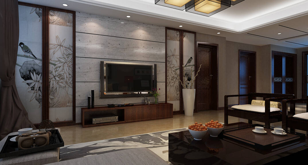 山大乐水居168m²三室一厅客厅新中式风格装修案例效果图