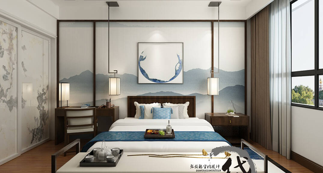 缦沙半岛115㎡四室两厅两卫卧室现代中式风格装修案例效果图