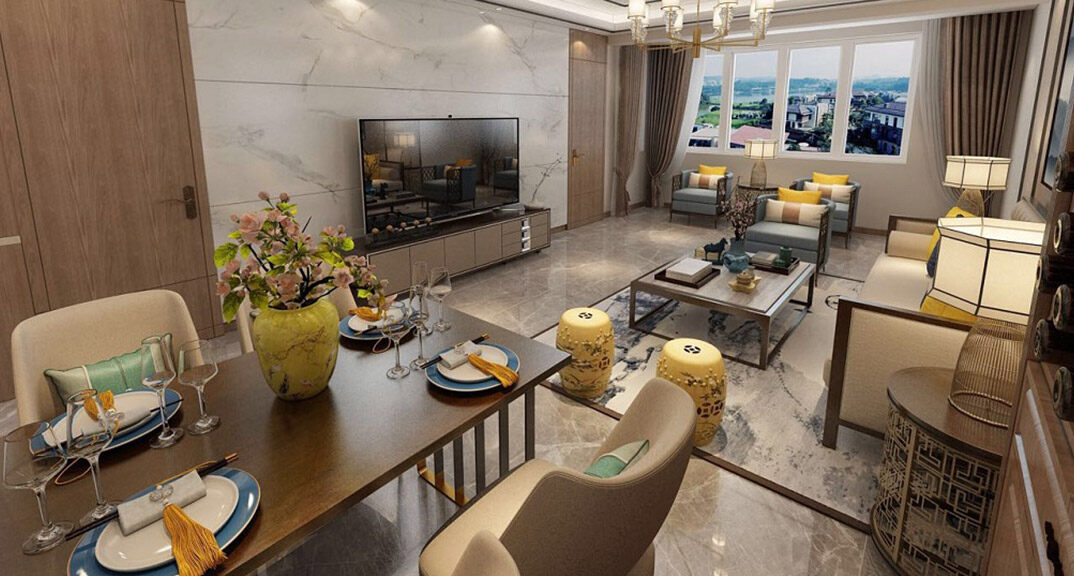 恩马文景园144㎡二室一厅客餐厅沙发新中式风格装修效果图