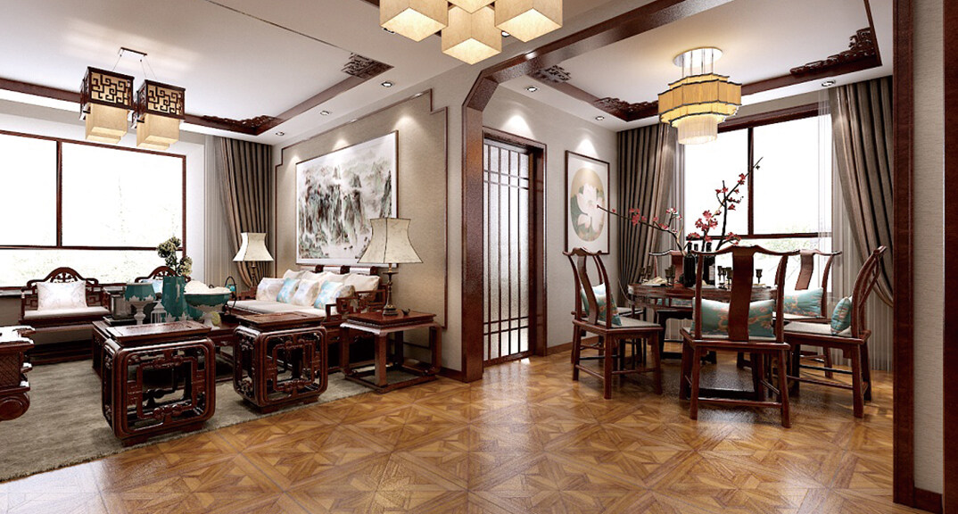 科大公寓138㎡别墅客餐厅中式风格装修案例效果图