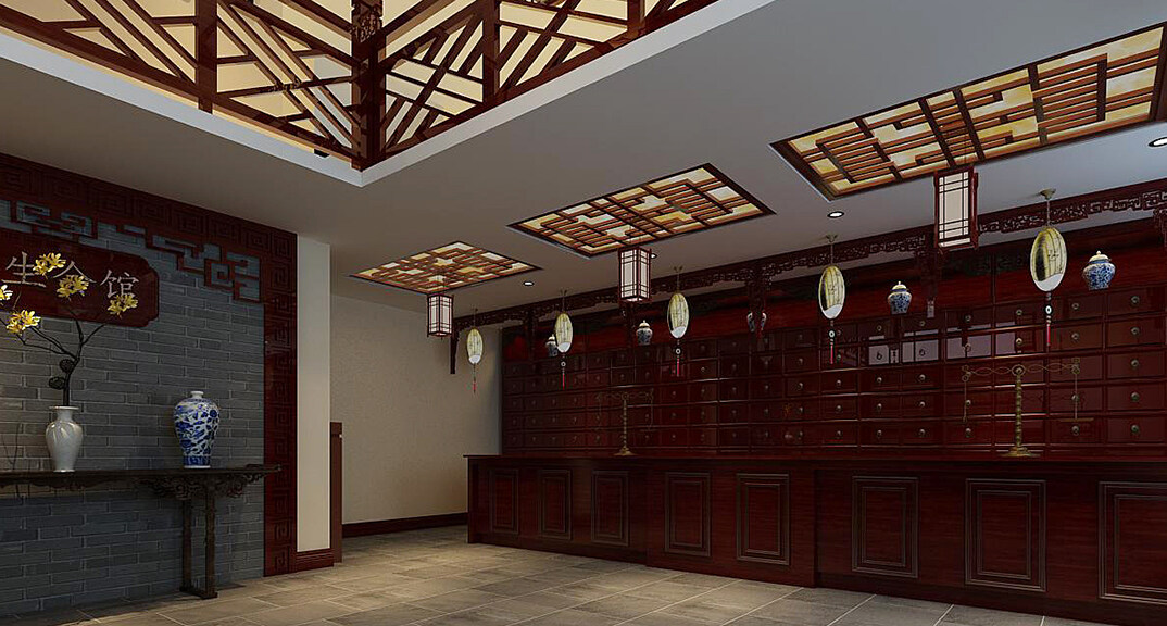蚁干堂240㎡工装一层大厅新中式风格装修案例效果图