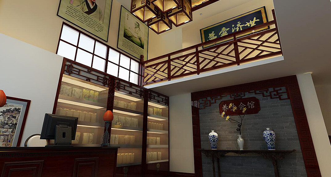 蚁干堂240㎡工装一层大厅新中式风格装修案例效果图