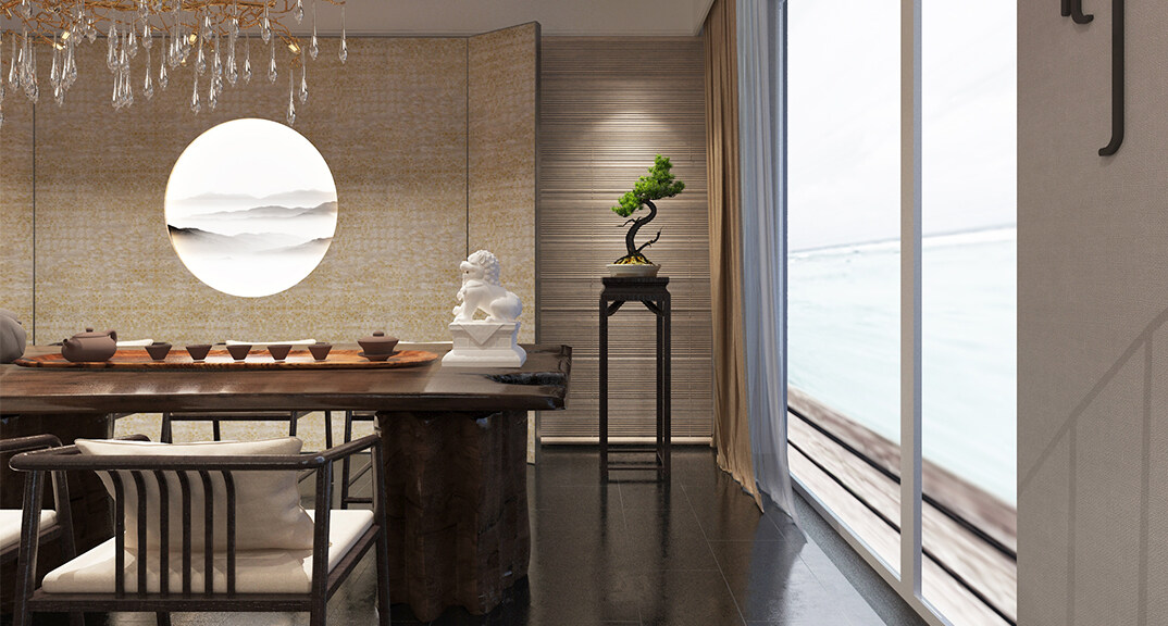东海路700㎡独栋别墅一层大厅新中式风格装修案例效果图