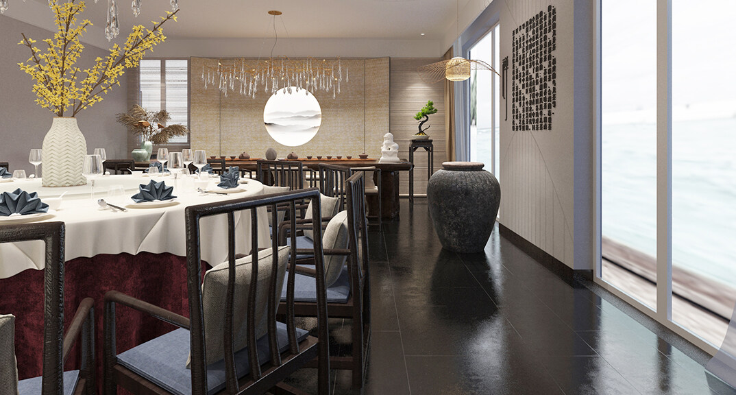 东海路700㎡独栋别墅一层大厅餐厅新中式风格装修案例效果图