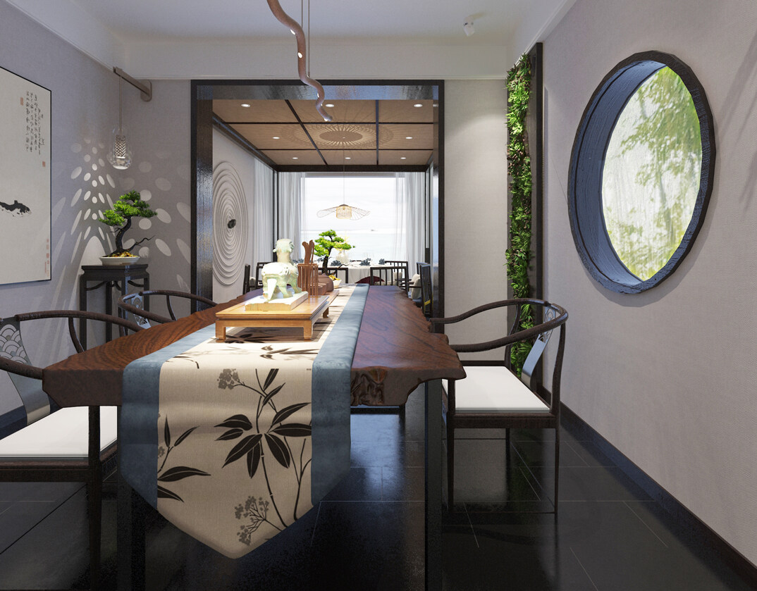 东海路700㎡独栋别墅一层茶室新中式风格装修案例效果图