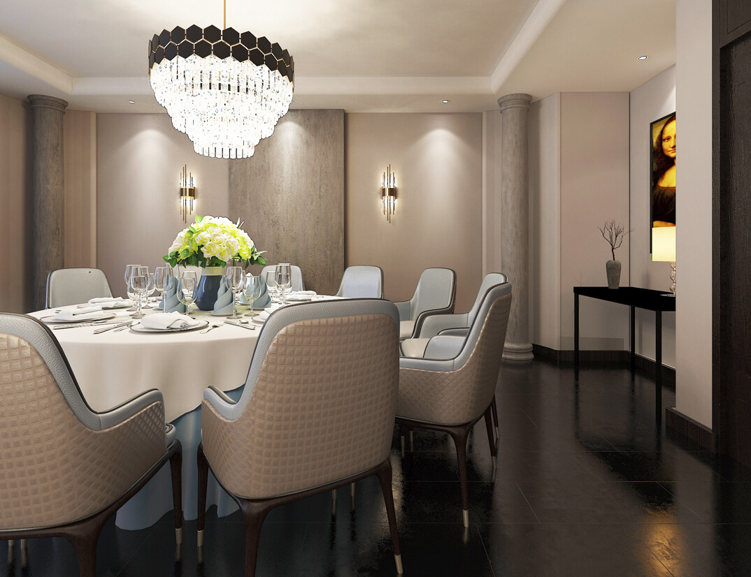 东海路700㎡独栋别墅二层餐厅新中式风格装修案例效果图