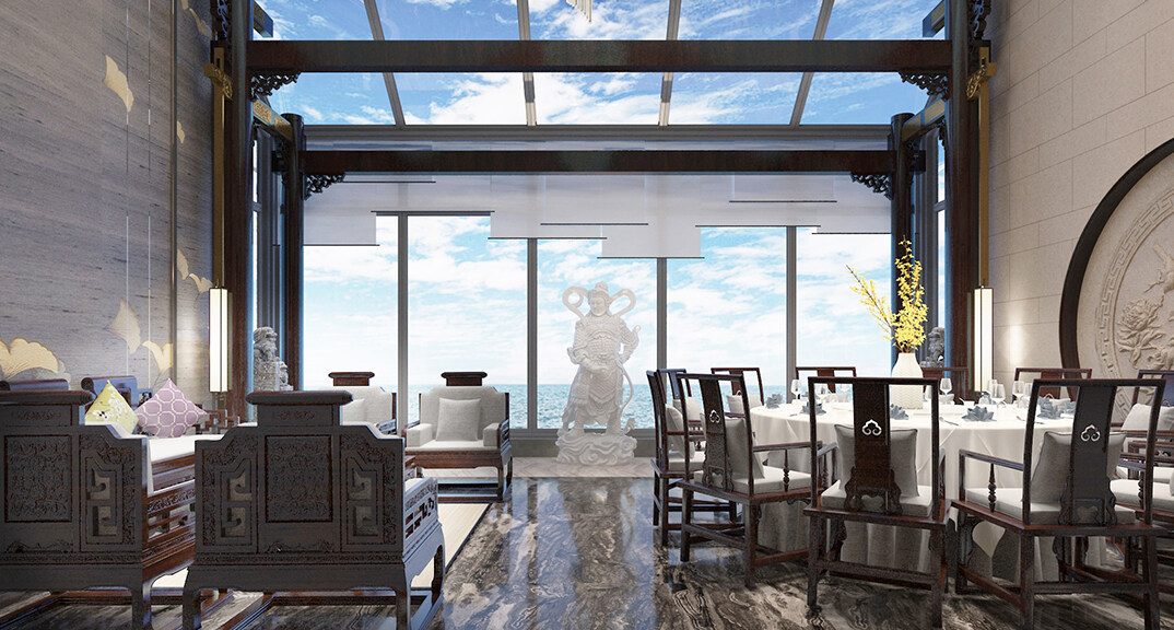 东海路700㎡独栋别墅三层会餐厅新中式风格装修案例效果图