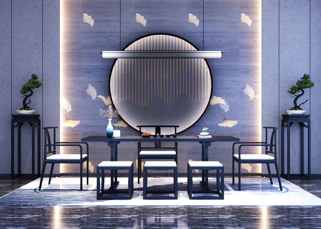 东海路700㎡独栋别墅三层茶室新中式风格装修案例效果图
