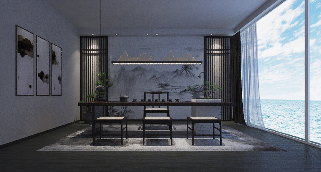 东海路700㎡独栋别墅三层茶室新中式风格装修案例效果图