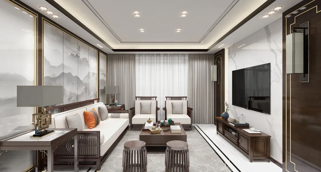 昆泉星港147㎡三室一厅客厅新中式风格装修案例效果图