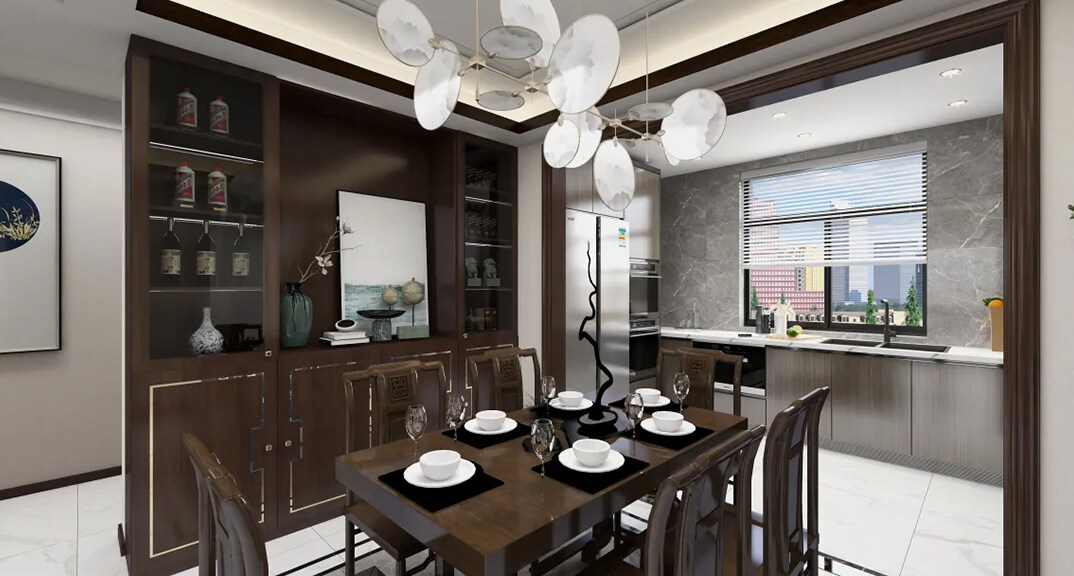 昆泉星港147㎡三室一厅餐厅厨房新中式风格装修案例效果图