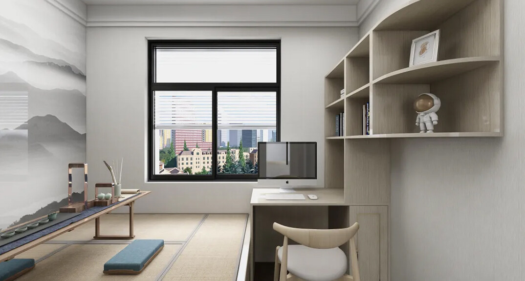 昆泉星港147㎡三室一厅书房新中式风格装修案例效果图
