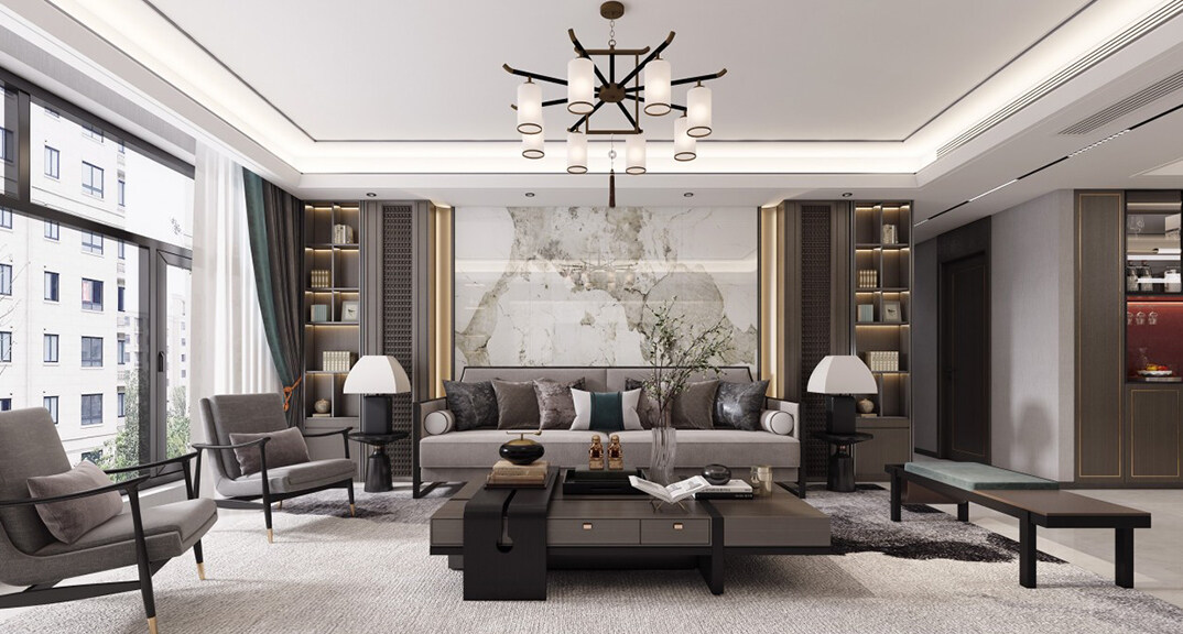 绿城·海棠印月166㎡三室二厅客厅沙发新中式风格装修案例效果图