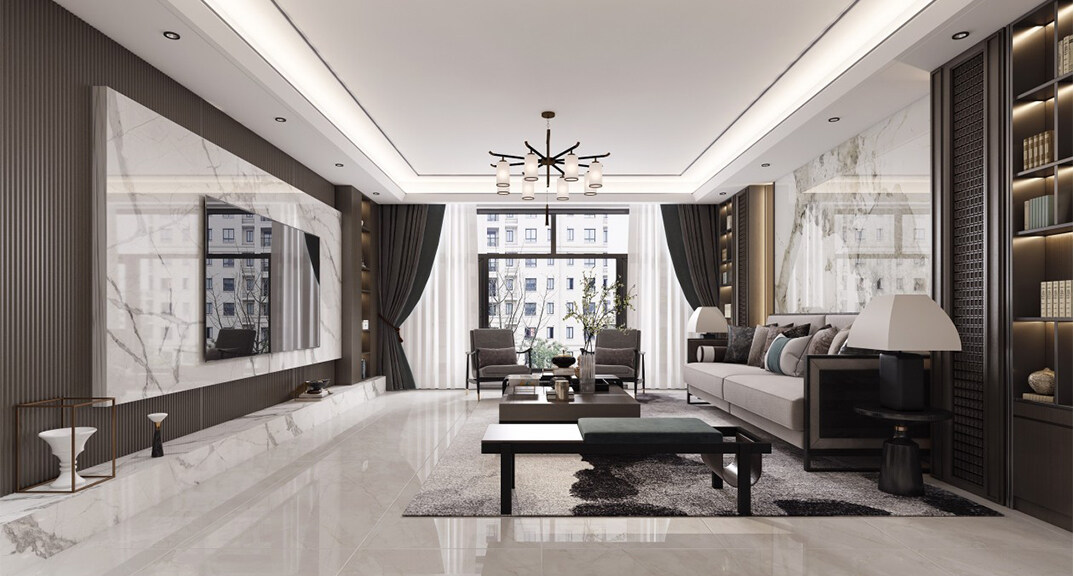 绿城·海棠印月166㎡三室二厅客厅新中式风格装修案例效果图