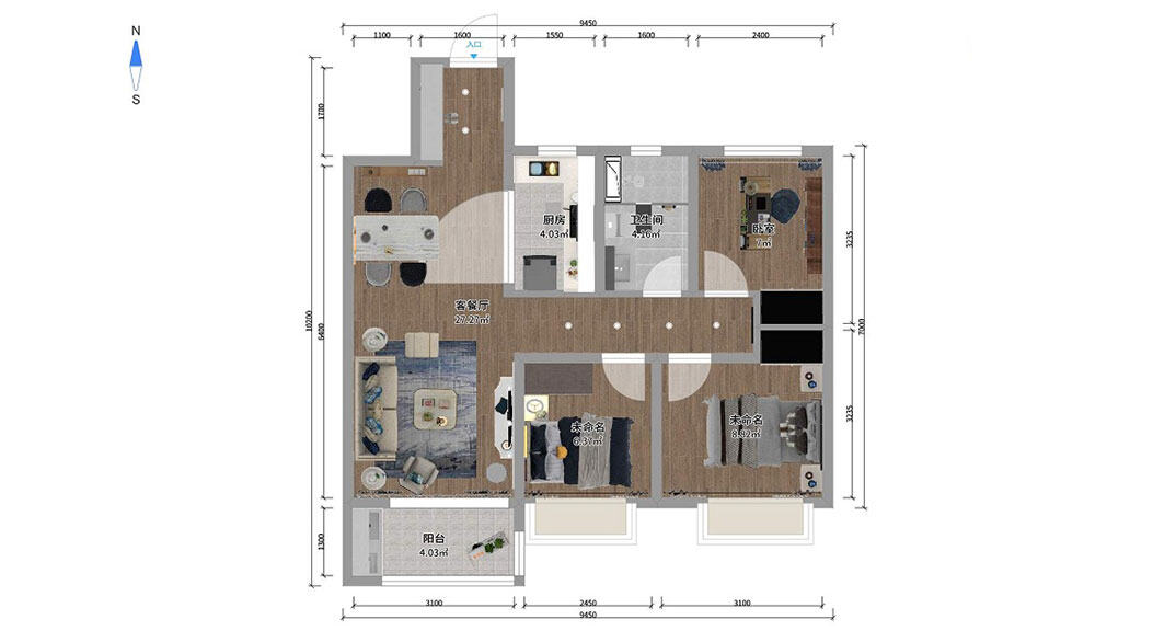 衡山学府110㎡三室一厅户型平面布局图.jpg